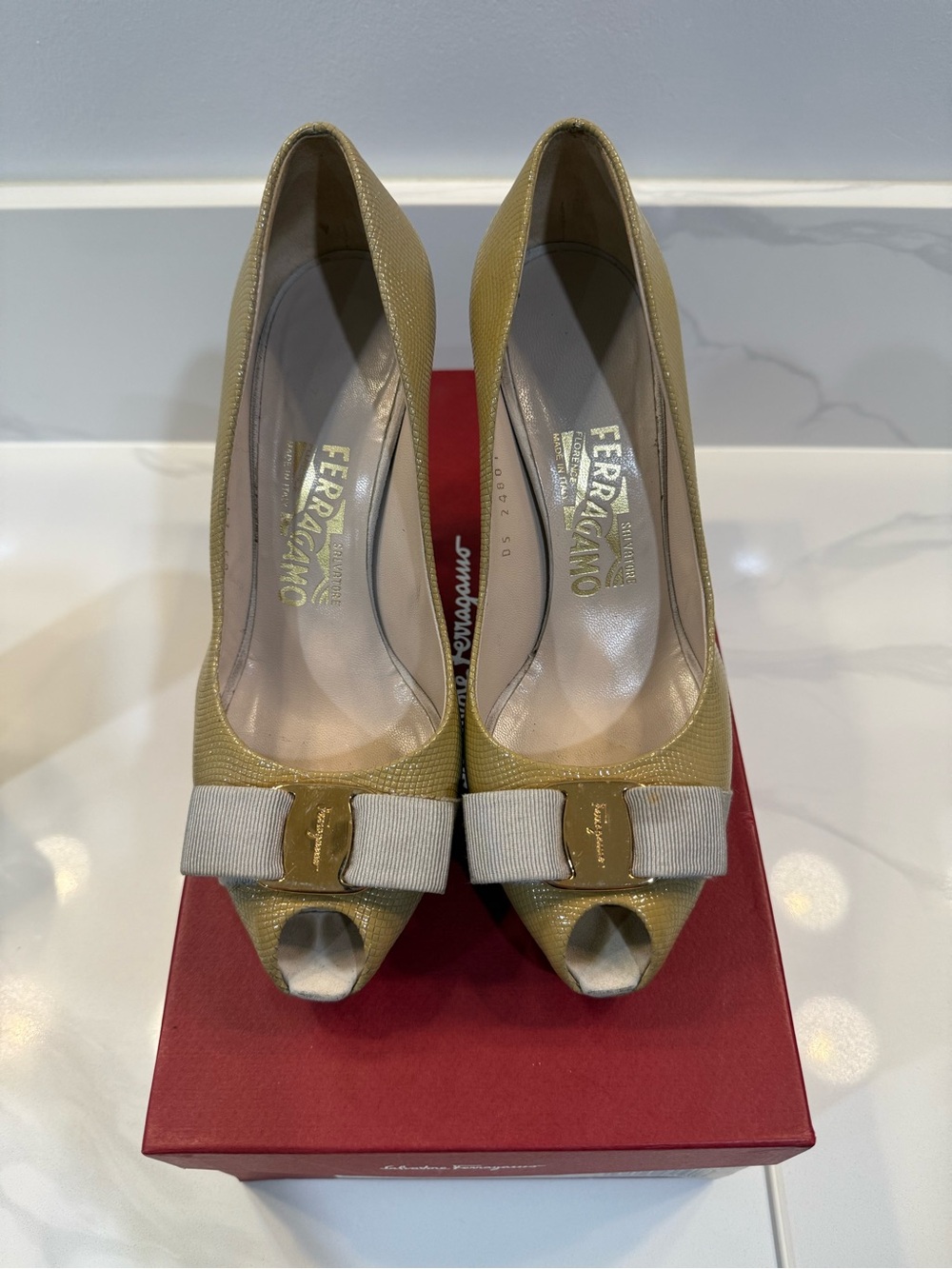 Salvatore Ferragamo Olive-Yellow Peep-Toe Bow Pumps